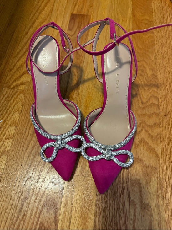 Shoes - Fuchsia Pointed Toe Ankle-Strap Heels with Rhinestone Bow
